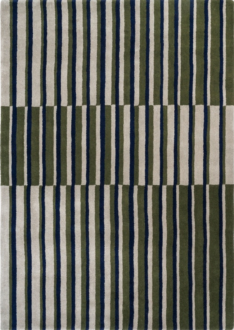 Brink & Campman Decor Pilar Moss Teppich in Moosgrün mit Streifen in Marineblau und Hellgrau, Draufsicht