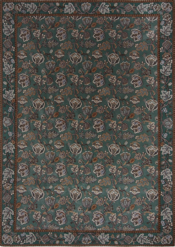 Morris & Co Theodosia Bottle Green Teppich in Flaschengrün mit Blüten in Karamell und Elfenbein, Draufsicht