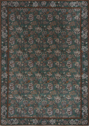 Morris & Co Theodosia Bottle Green Teppich in Flaschengrün mit Blüten in Karamell und Elfenbein, Draufsicht