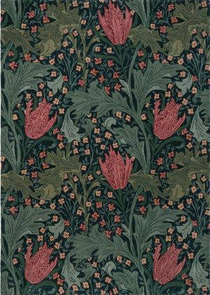 Morris & Co Lent Lily Indigo Madder Teppich in Indigo mit krapproten Tulpen und salbeigrünen Blättern, Draufsicht