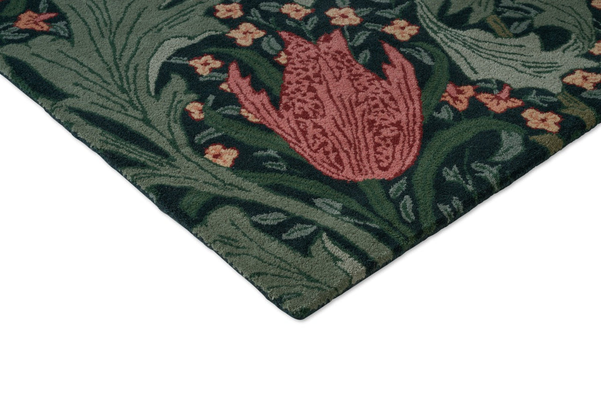 Morris & Co Lent Lily Indigo Madder Teppich, Detail von Ecke und Flor