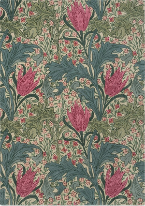 Morris & Co Lent Lily Plum Bayleaf Teppich in Creme mit pflaumenfarbenen Tulpen und lorbeergrünen Blättern, Draufsicht