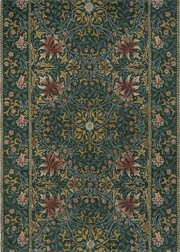 Morris & Co Walthamstow Forest Teal Teppich in Waldgrün, Petrolblau und Altgold, Draufsicht