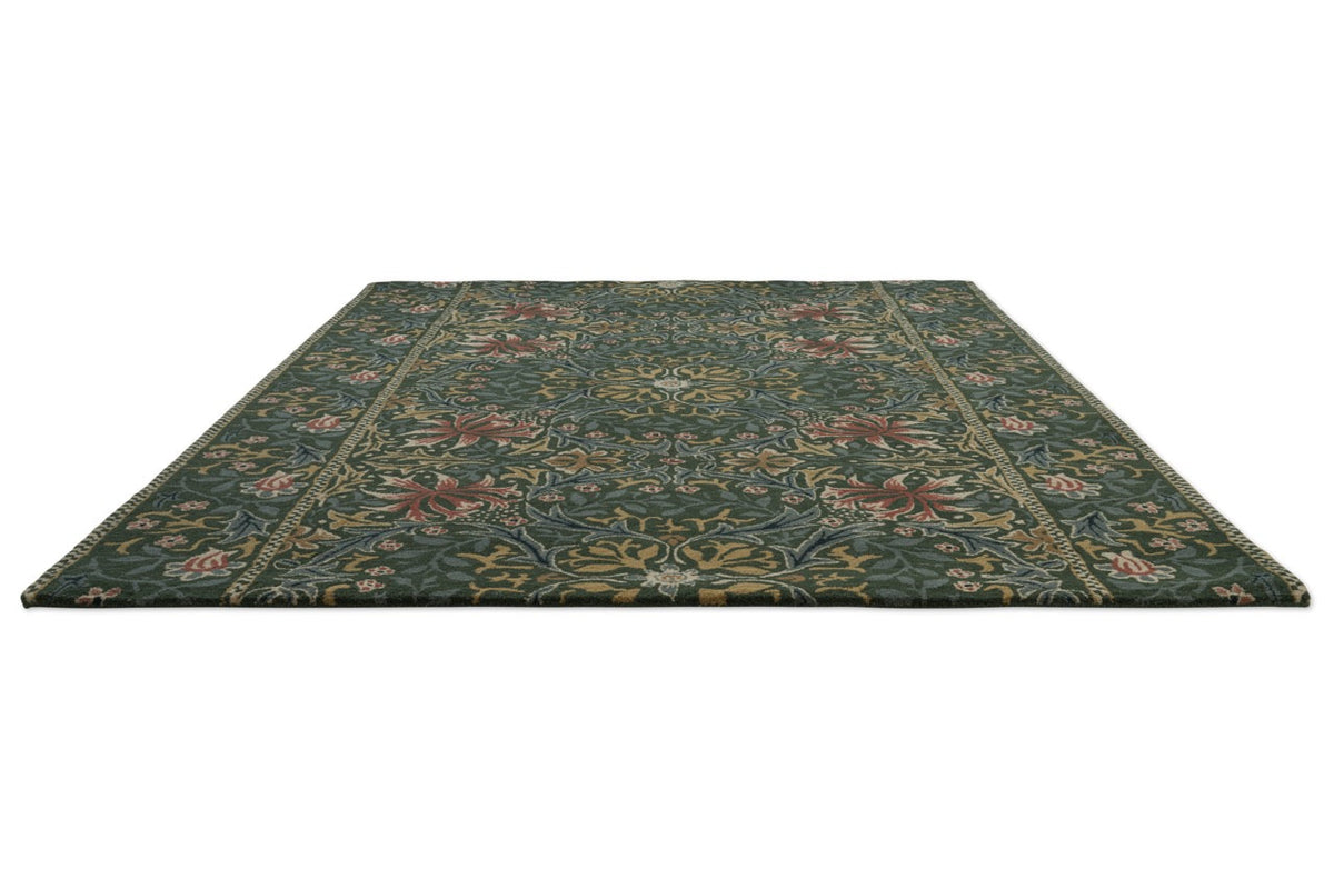 Morris & Co Walthamstow Forest Teal Teppich in Waldgrün, Petrolblau und Altgold, Schrägansicht