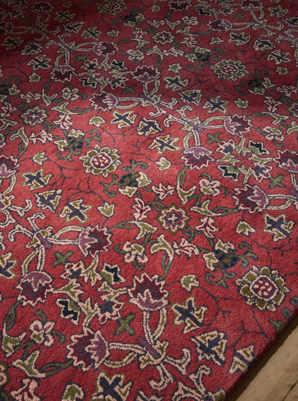Morris & Co Persian Scroll Plum Teppich in warmem Rot mit Creme, Oliv und Aubergine, im Wohnraum, dritte Ansicht