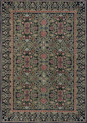 Morris & Co Wilton Weave Indigo Teppich in Indigo, Olivgrün und Rosé, Draufsicht