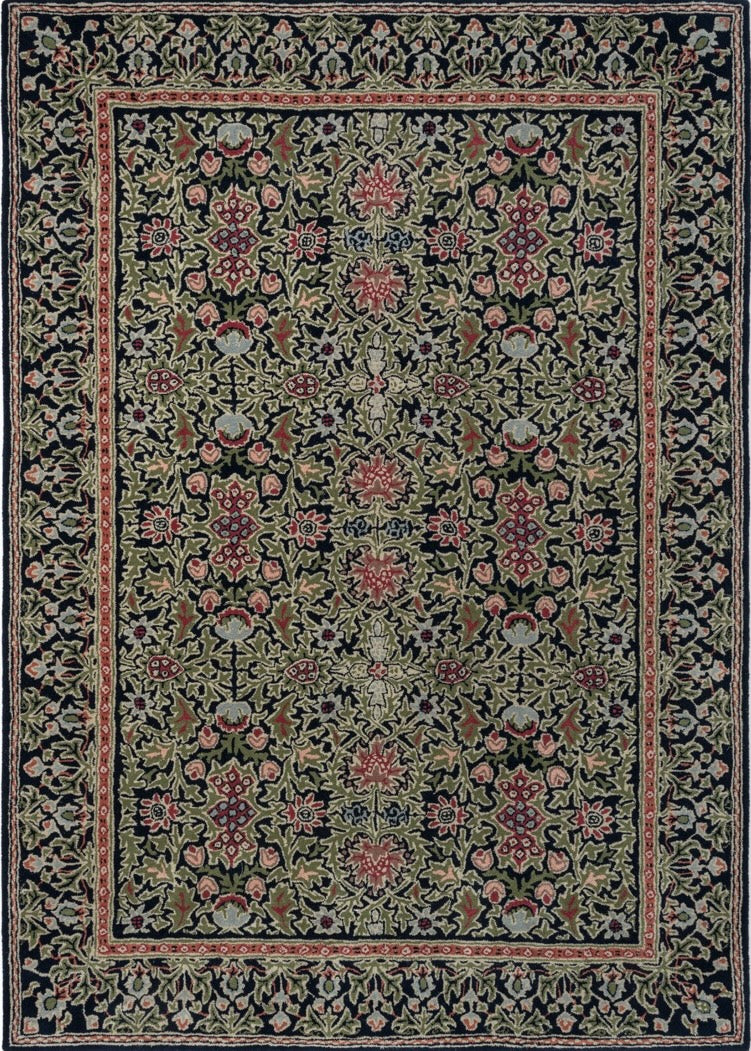 Morris & Co Wilton Weave Indigo Teppich in Indigo, Olivgrün und Rosé, Draufsicht