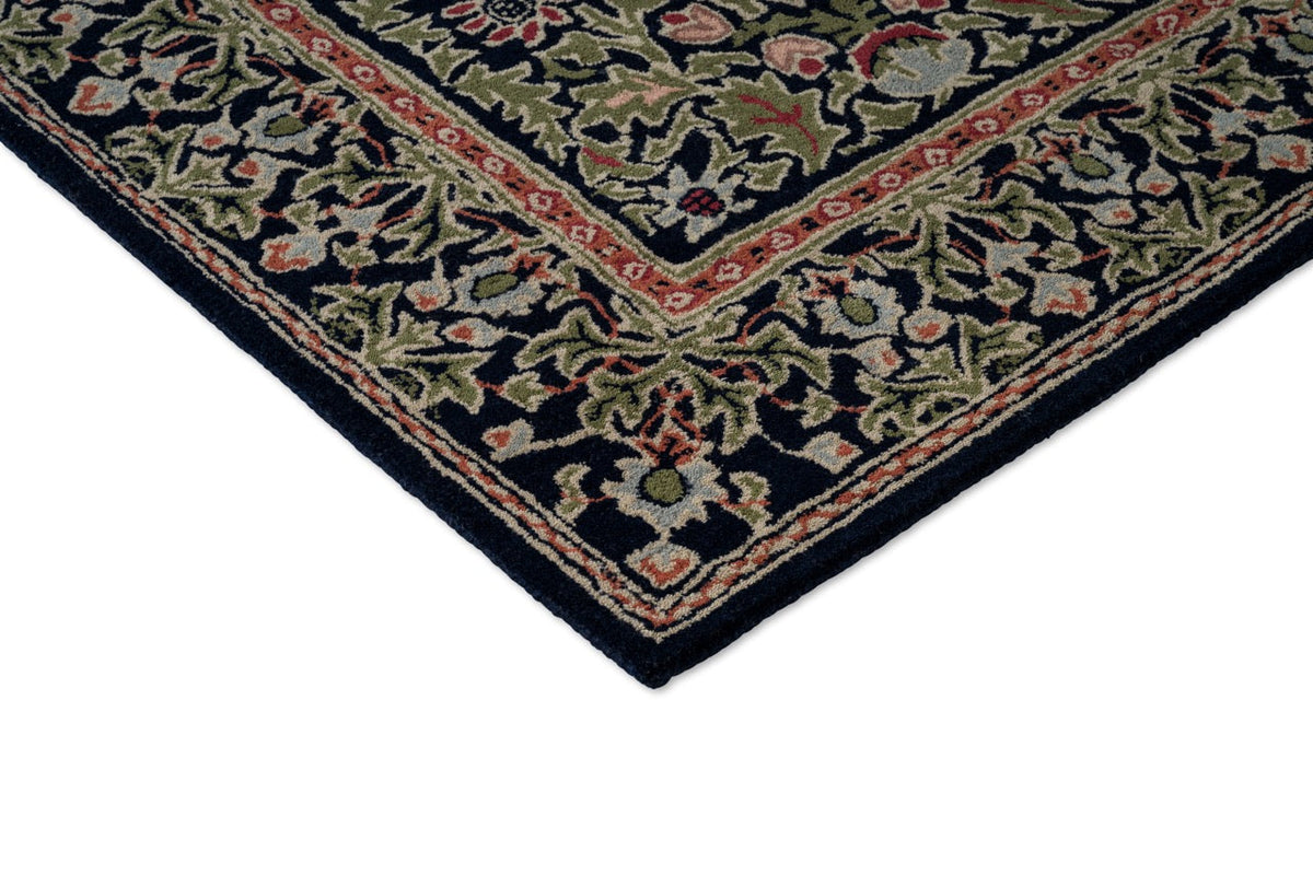 Morris & Co Wilton Weave Indigo Teppich, Detail von Ecke und Flor