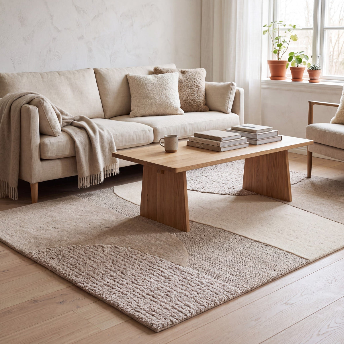 Acsento Bergen Teppich in Elfenbein, Sand und Greige mit organischen Farbflächen, im Wohnraum