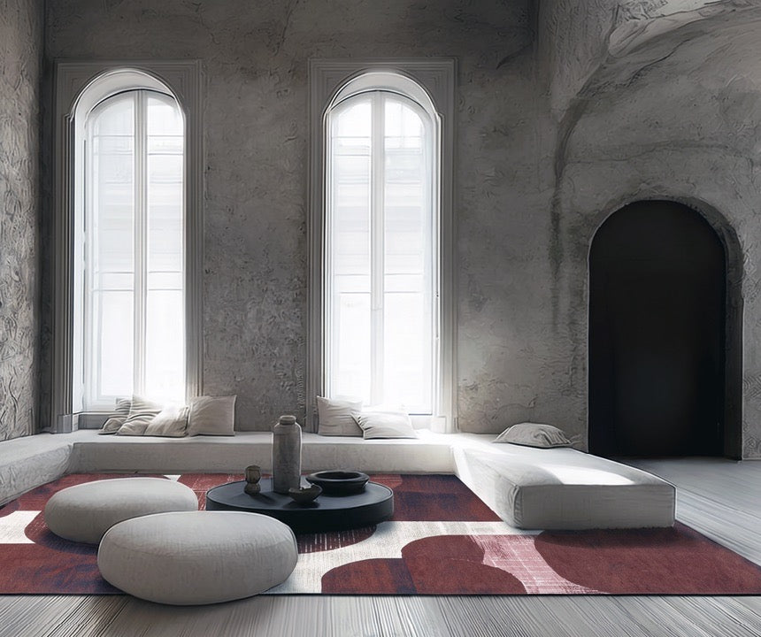 Acsento Bubbles Burgundy Teppich in Bordeaux mit runden Formen in Weinrot und Aubergine auf Elfenbein, im Wohnraum, zweite Ansicht