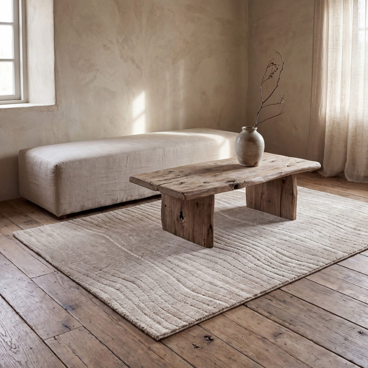 Acsento Duna Linen Teppich in Leinenbeige mit feinen Wellenlinien, im Wohnraum