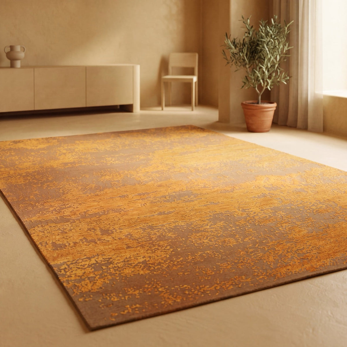 Acsento Laguna Melon Teppich in Safran und Melonenorange auf Karamell, im Wohnraum