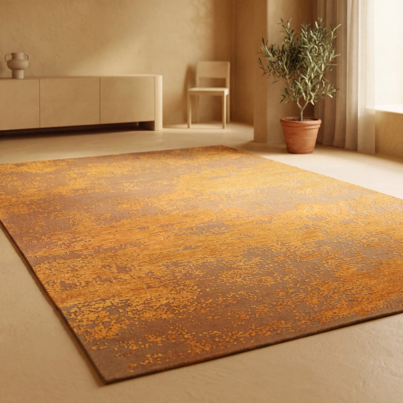 Acsento Laguna Melon Teppich in Safran und Melonenorange auf Karamell, im Wohnraum