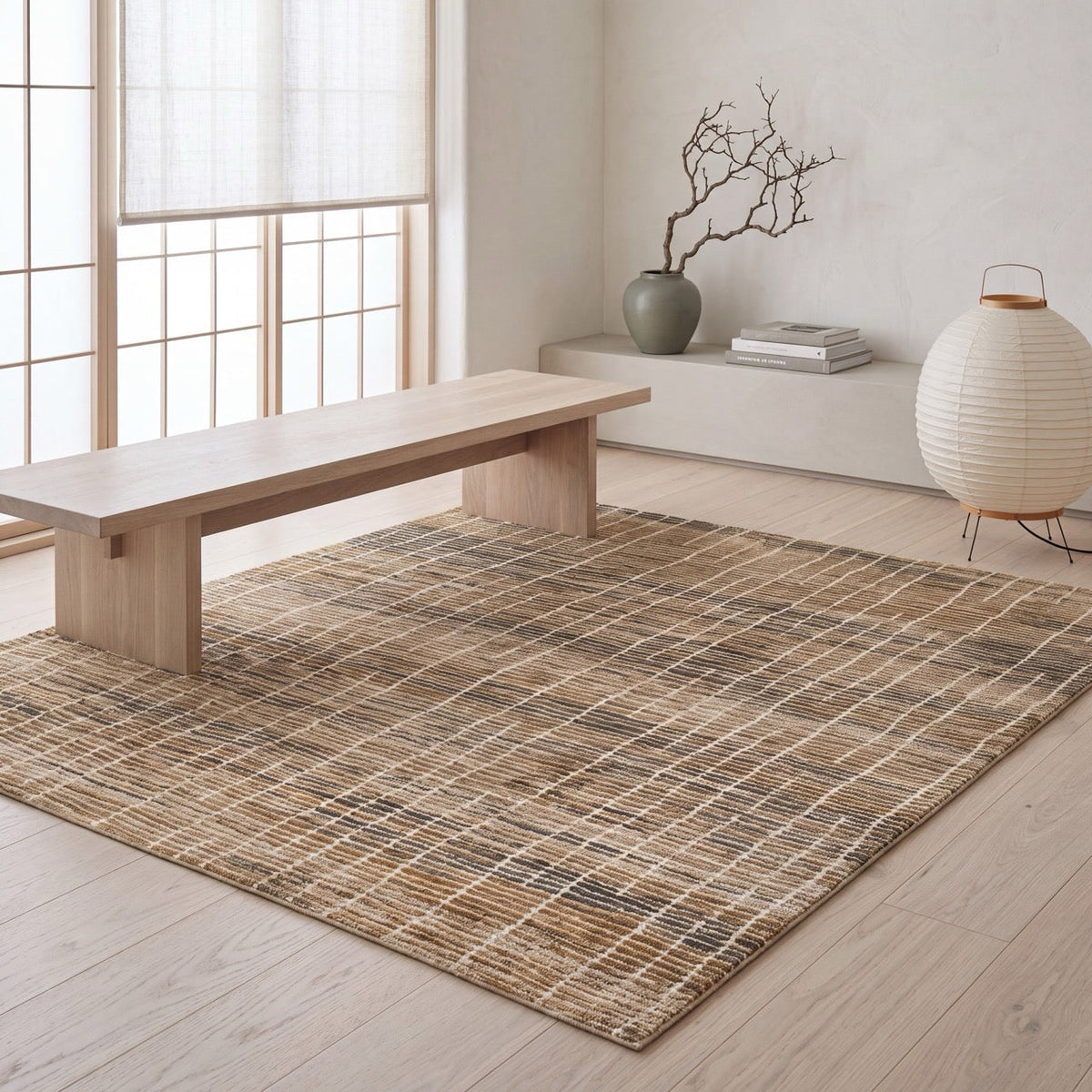 Acsento Siena 68 Teppich in Beige mit sanftem Karo in Sand, Ocker und Anthrazit, im Wohnraum