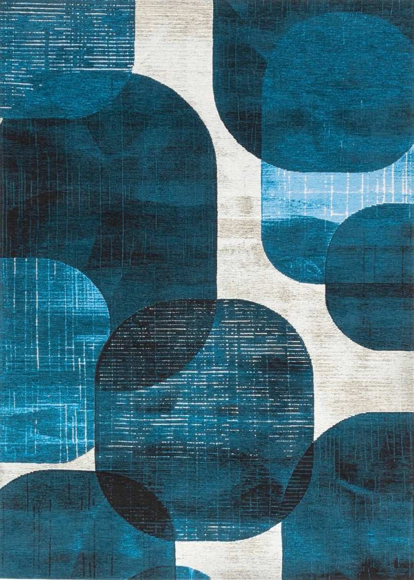 Acsento Bubbles Blue Teppich in Blau mit runden Formen in Petrol und Marine auf Elfenbein, Draufsicht