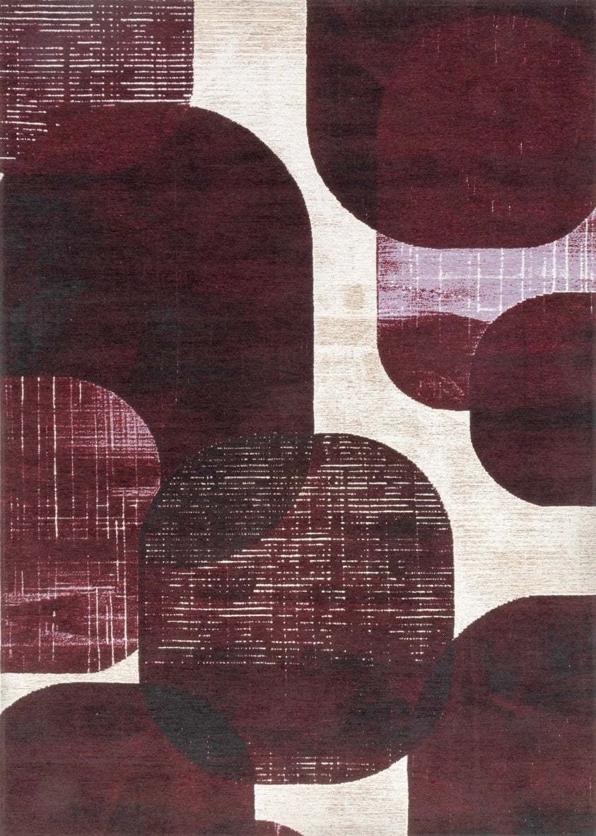 Acsento Bubbles Burgundy Teppich in Bordeaux mit runden Formen in Weinrot und Aubergine auf Elfenbein, Draufsicht